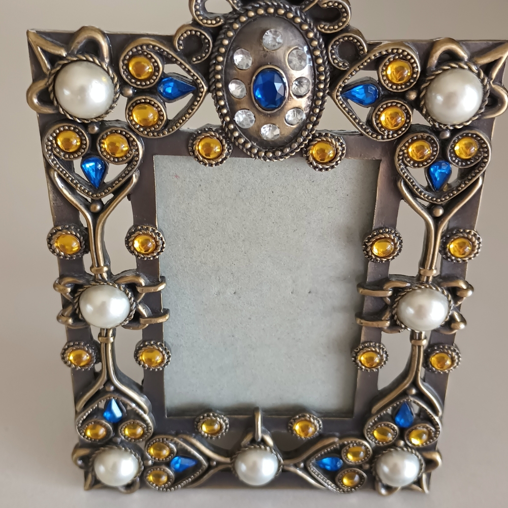 Ornate Jeweled Photo Frame - Blue, Gold, Pearl Accents